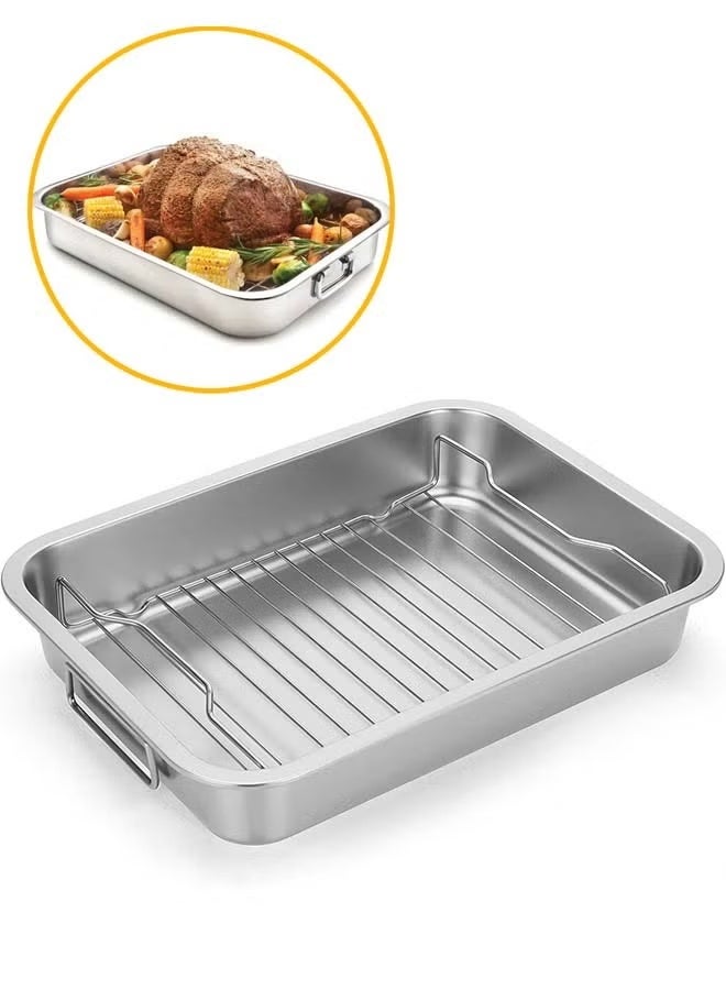 Stainless Steel Roasting Pan, Roasting Tin Pan with Grill Rack and Handle for Oven, High Sided Easy to Clean Induction Roast Tray for Chicken, Vegetable, Lasagna - Image 1